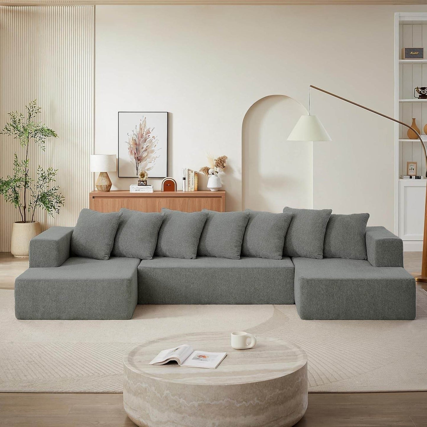 U-Shaped Modular Sectional Sofa 6-Seater, Grey Chenille - Loft&Timber