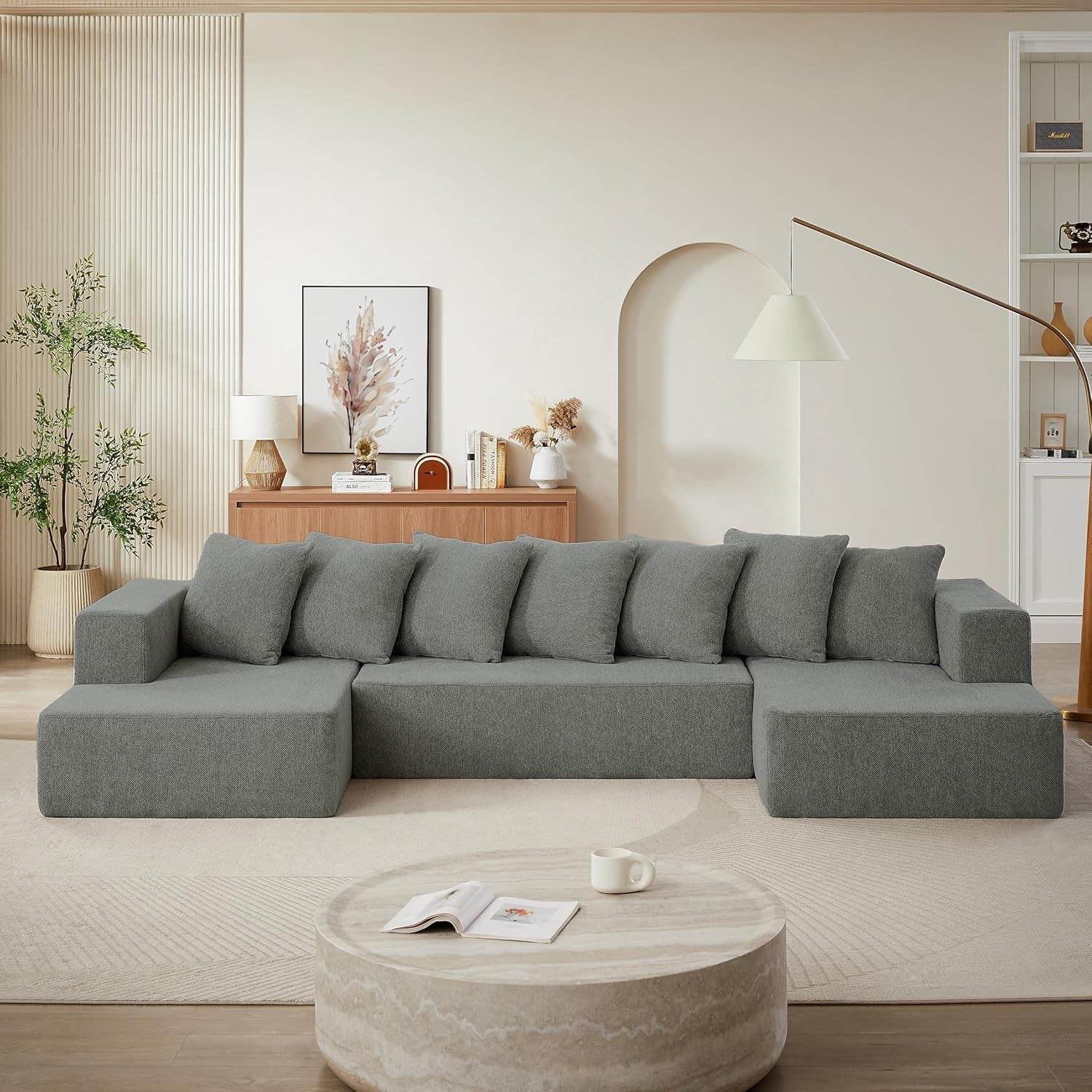 U-Shaped Modular Sectional Sofa 6-Seater, Grey Chenille - Loft&Timber