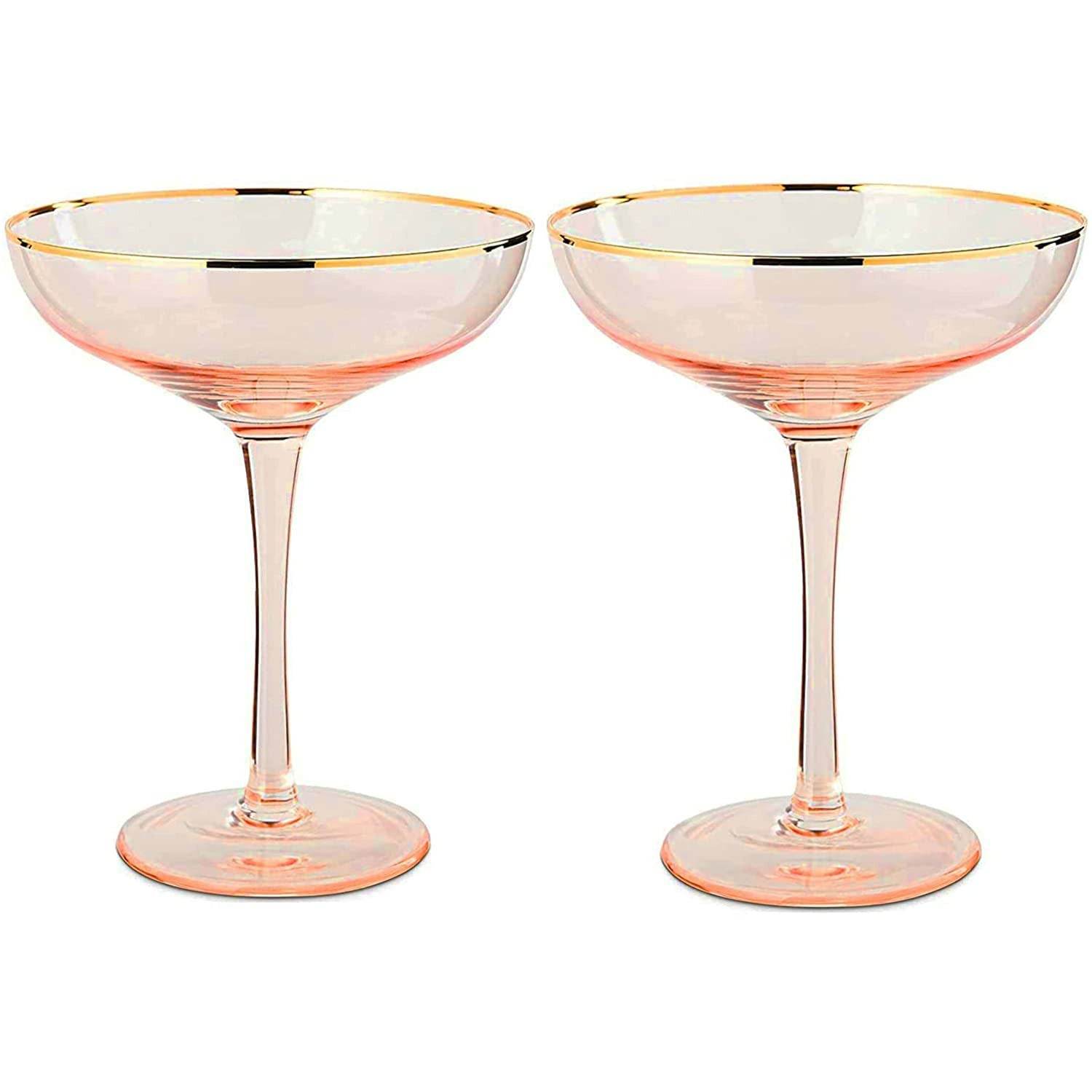The Wine Savant Colored Blush Pink & Gilded Rim Coupe Glass, Large 9oz Cocktail & Champagne Glasses 2-Set Vibrant Color Short Gold Vintage Tumblers, No Stem Margarita, Glassware Gift Idea (Coupe) - Loft&Timber