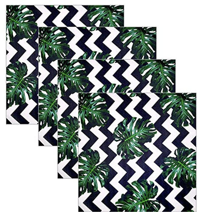 Charlo's Set of 4 Leaf Tropical Monstera Green Chevron Cloth Napkins 16" by 16" - Loft&Timber