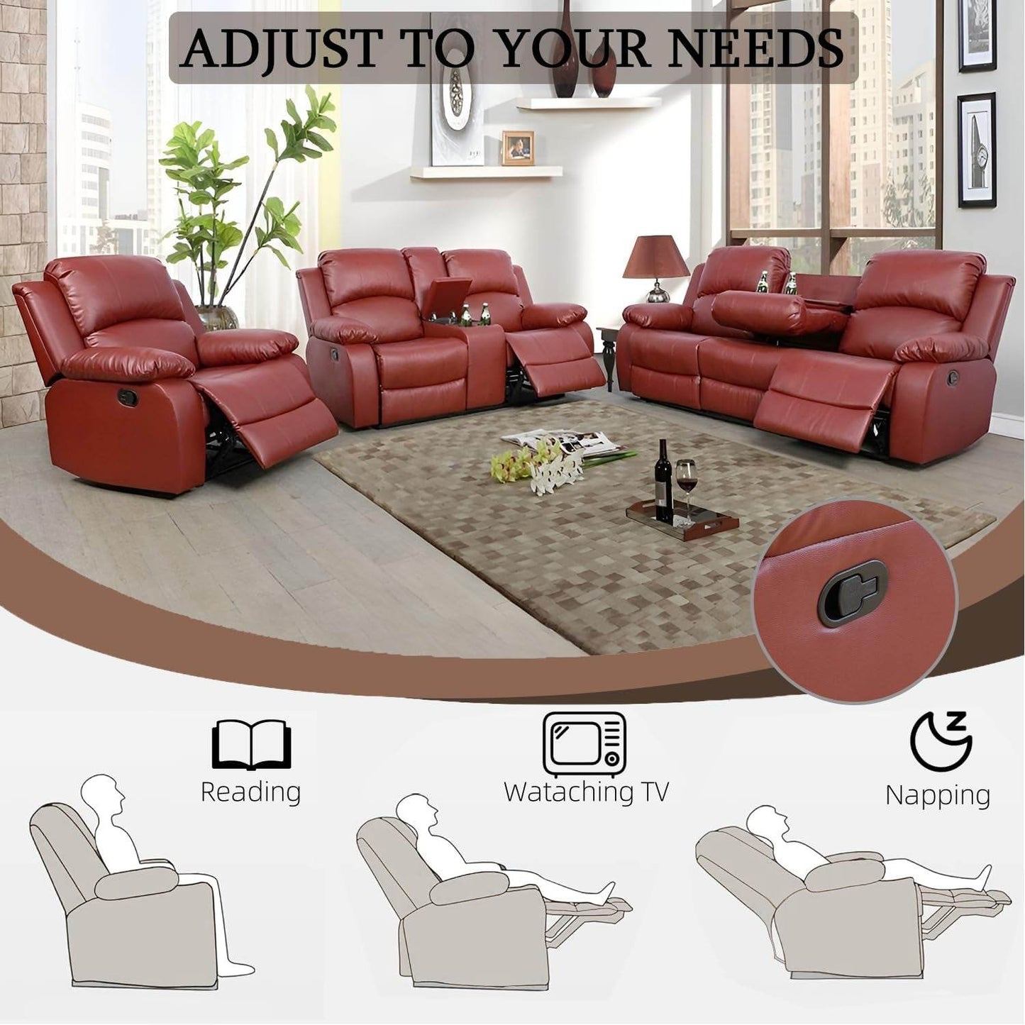 Leather Recliner Sofa Set, Red (Sofa Set 3 Pieces) - Loft&Timber