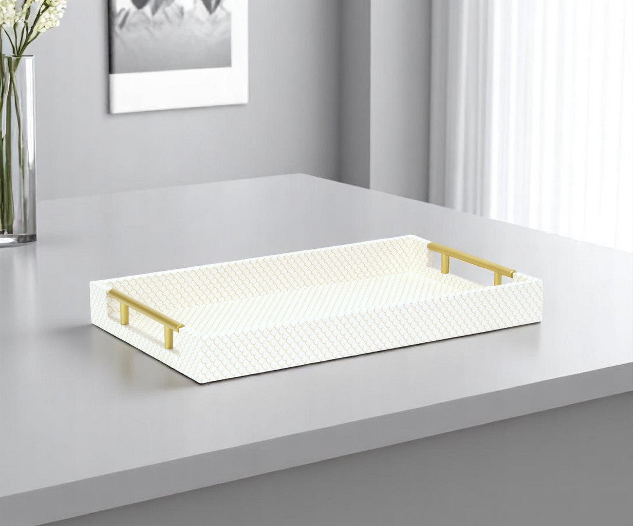 16" Ivory And Gold Geometric Print Handmade Serving Tray With Handles - Loft&Timber