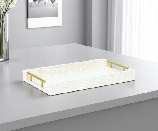 16" Ivory And Gold Geometric Print Handmade Serving Tray With Handles - Loft&Timber