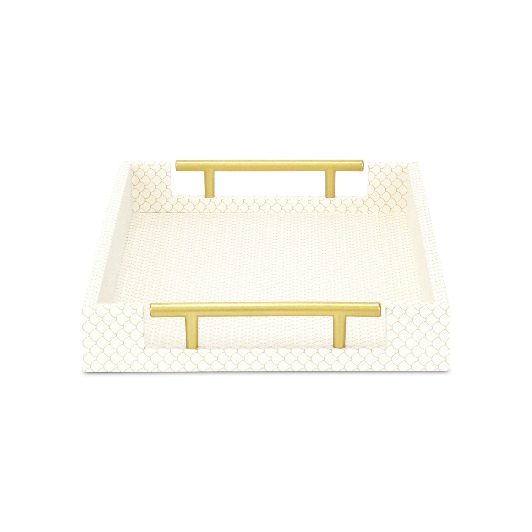16" Ivory And Gold Geometric Print Handmade Serving Tray With Handles - Loft&Timber