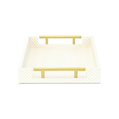 16" Ivory And Gold Geometric Print Handmade Serving Tray With Handles - Loft&Timber