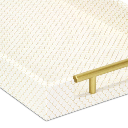 16" Ivory And Gold Geometric Print Handmade Serving Tray With Handles - Loft&Timber
