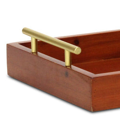 16" Brown And Gold Solid Wood Handmade Serving Tray With Handles - Loft&Timber