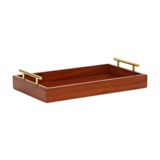 16" Brown And Gold Solid Wood Handmade Serving Tray With Handles - Loft&Timber