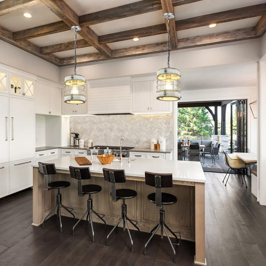 Retro Industrial Metal and Wood Chandelier 1-Light round Cage Pendant Light Fixture for Kitchen Island Foyer Hallway Bar Dining Room Restaurant, D 7.9" X H 8.7" (White) - Loft&Timber