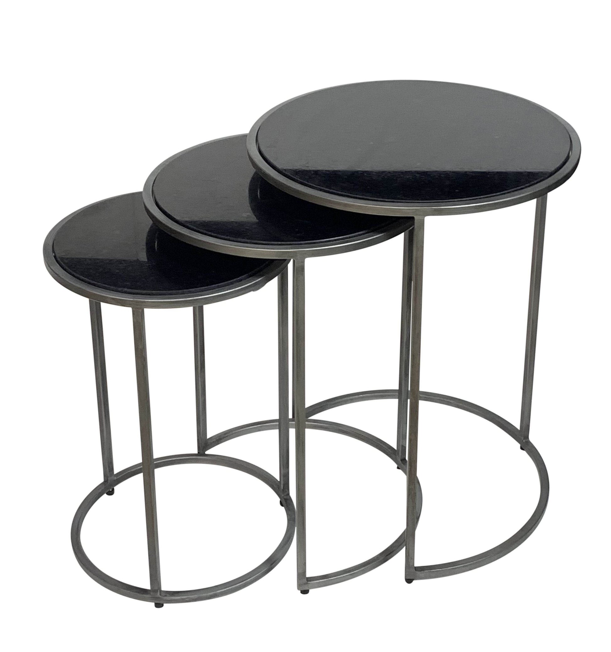 Set of Three Black and Gray Marble and Iron Round Frame Nested Tables - Loft&Timber