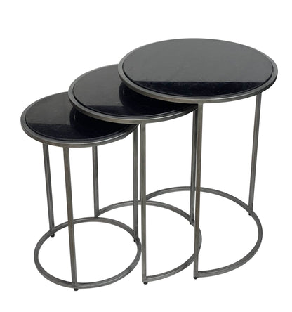 Set of Three Black and Gray Marble and Iron Round Frame Nested Tables - Loft&Timber