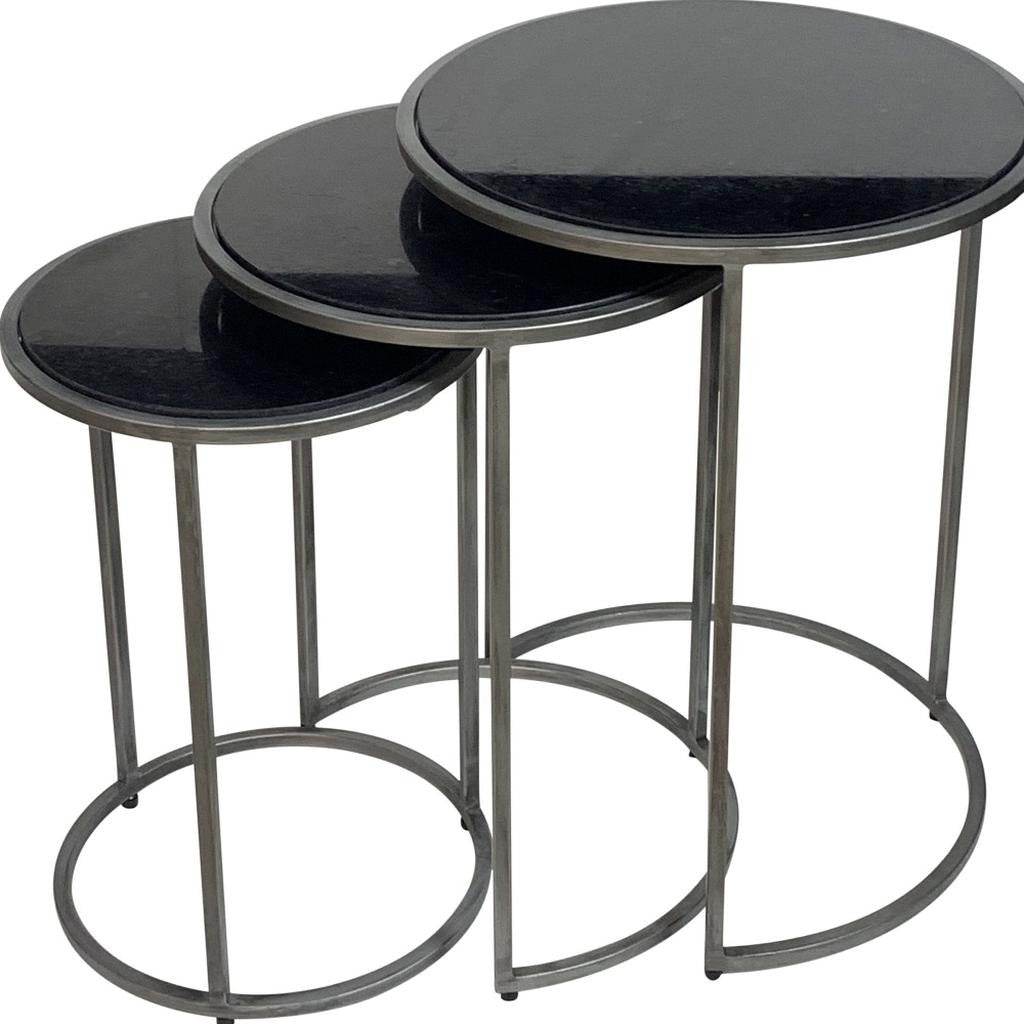 Set of Three Black and Gray Marble and Iron Round Frame Nested Tables - Loft&Timber