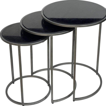 Set of Three Black and Gray Marble and Iron Round Frame Nested Tables - Loft&Timber