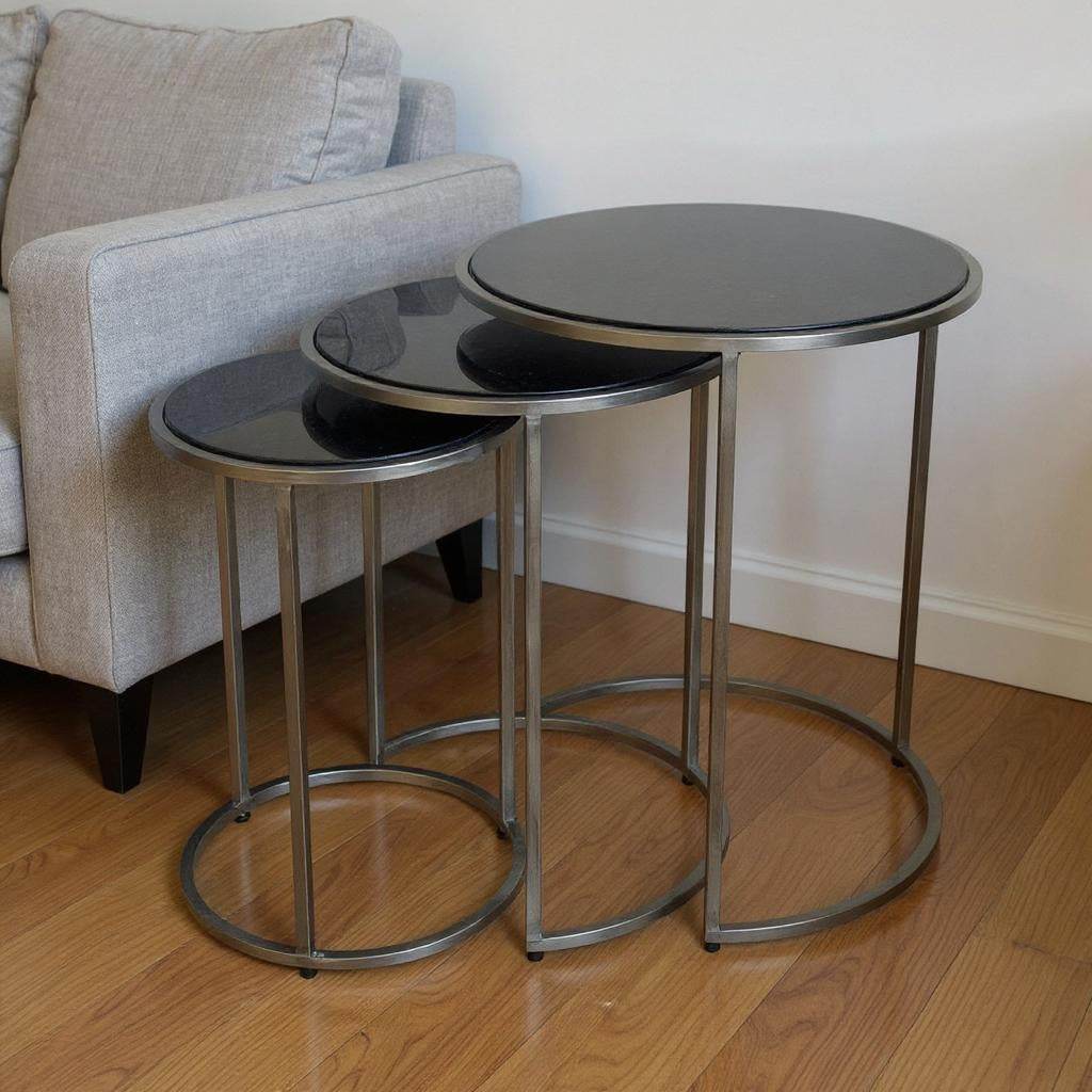 Set of Three Black and Gray Marble and Iron Round Frame Nested Tables - Loft&Timber