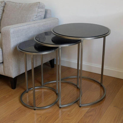 Set of Three Black and Gray Marble and Iron Round Frame Nested Tables - Loft&Timber