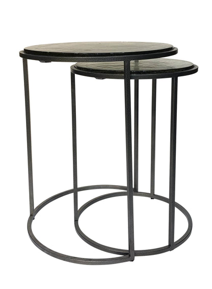 Set of Two Clear and Gunmetal Glass and Iron Round Frame Nested Tables - Loft&Timber
