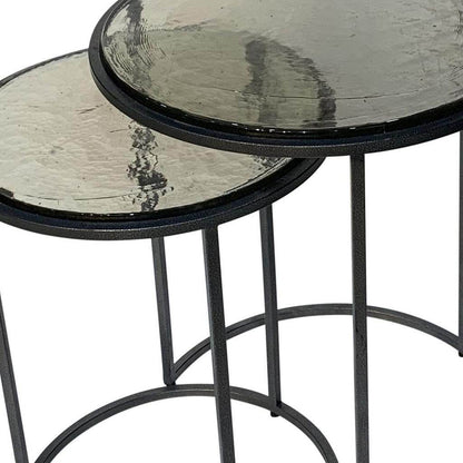 Set of Two Clear and Gunmetal Glass and Iron Round Frame Nested Tables - Loft&Timber