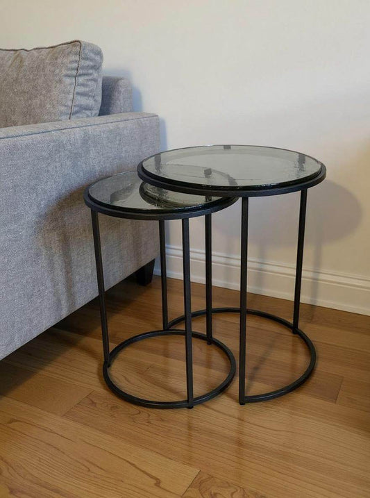 Set of Two Clear and Gunmetal Glass and Iron Round Frame Nested Tables - Loft&Timber