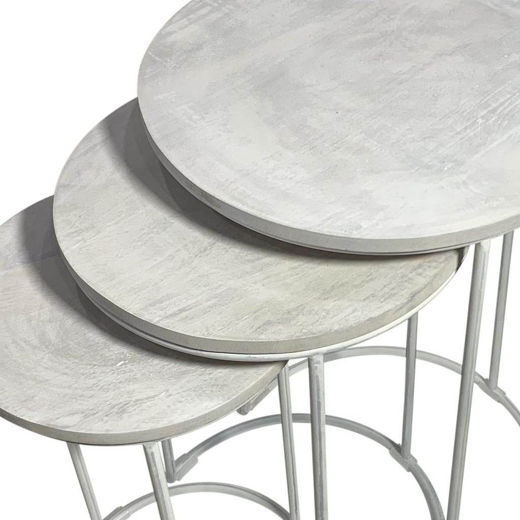 Set of Two White Solid Wood and Metal Round Frame Nested Tables - Loft&Timber