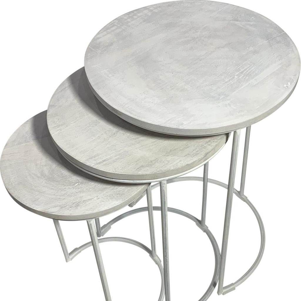 Set of Two White Solid Wood and Metal Round Frame Nested Tables - Loft&Timber