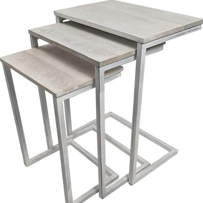 Set of Three Antiqued White Solid Wood and Steel Frame Nested Tables - Loft&Timber