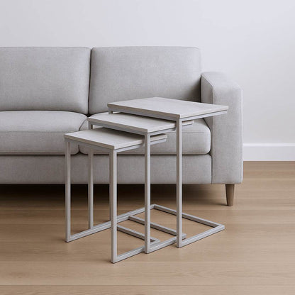 Set of Three Antiqued White Solid Wood and Steel Frame Nested Tables - Loft&Timber