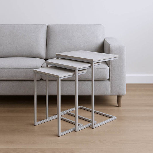 Set of Three Antiqued White Solid Wood and Steel Frame Nested Tables - Loft&Timber