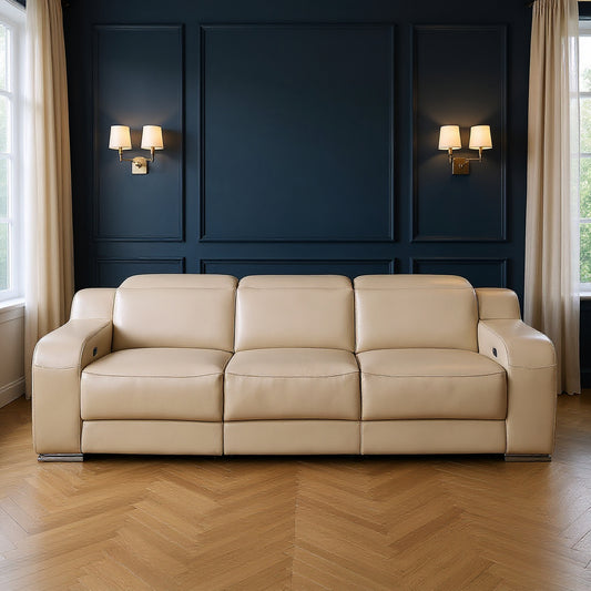103" Beige Italian Leather Reclining USB Sofa-0