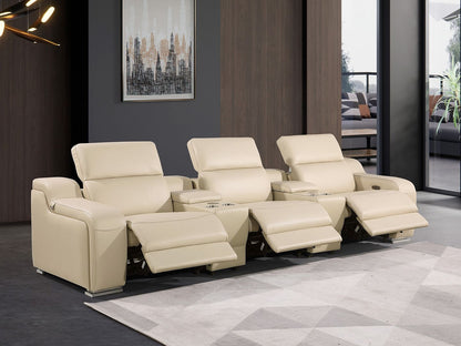 129" Beige Italian Leather Reclining USB Sofa-8