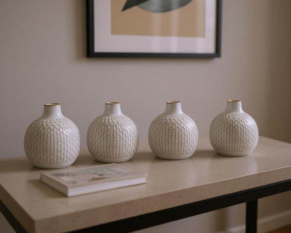 Set of Four Natural And Off White Ceramic Bud Vases With Sculptural Details - Loft&Timber