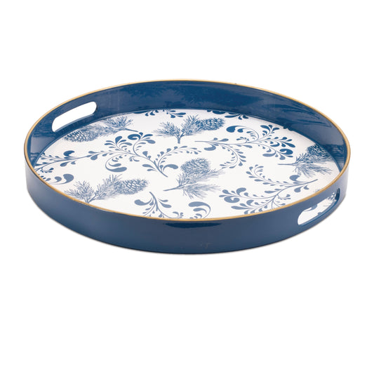 14" Blue White And Gold Pinecone Round Serving Tray - Loft&Timber