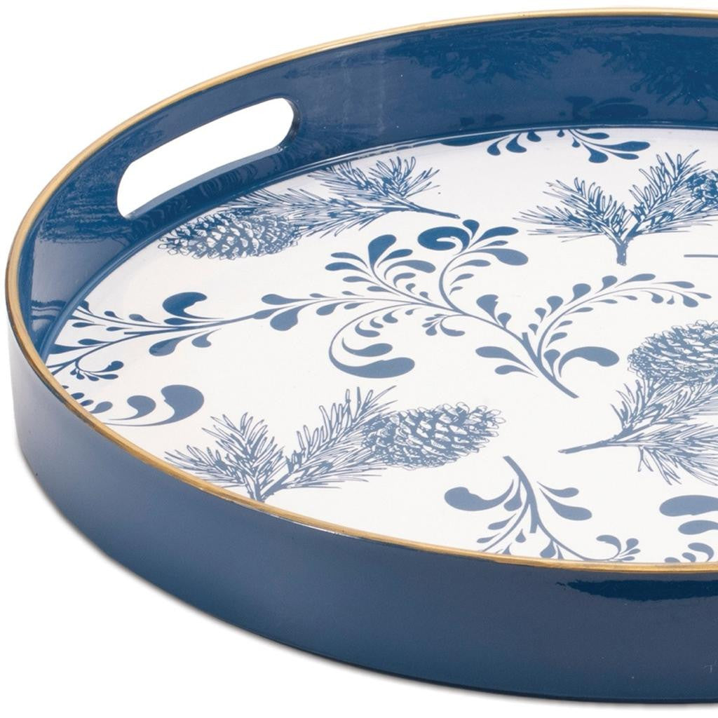 14" Blue White And Gold Pinecone Round Serving Tray - Loft&Timber