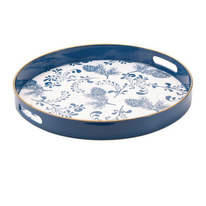 14" Blue White And Gold Pinecone Round Serving Tray - Loft&Timber