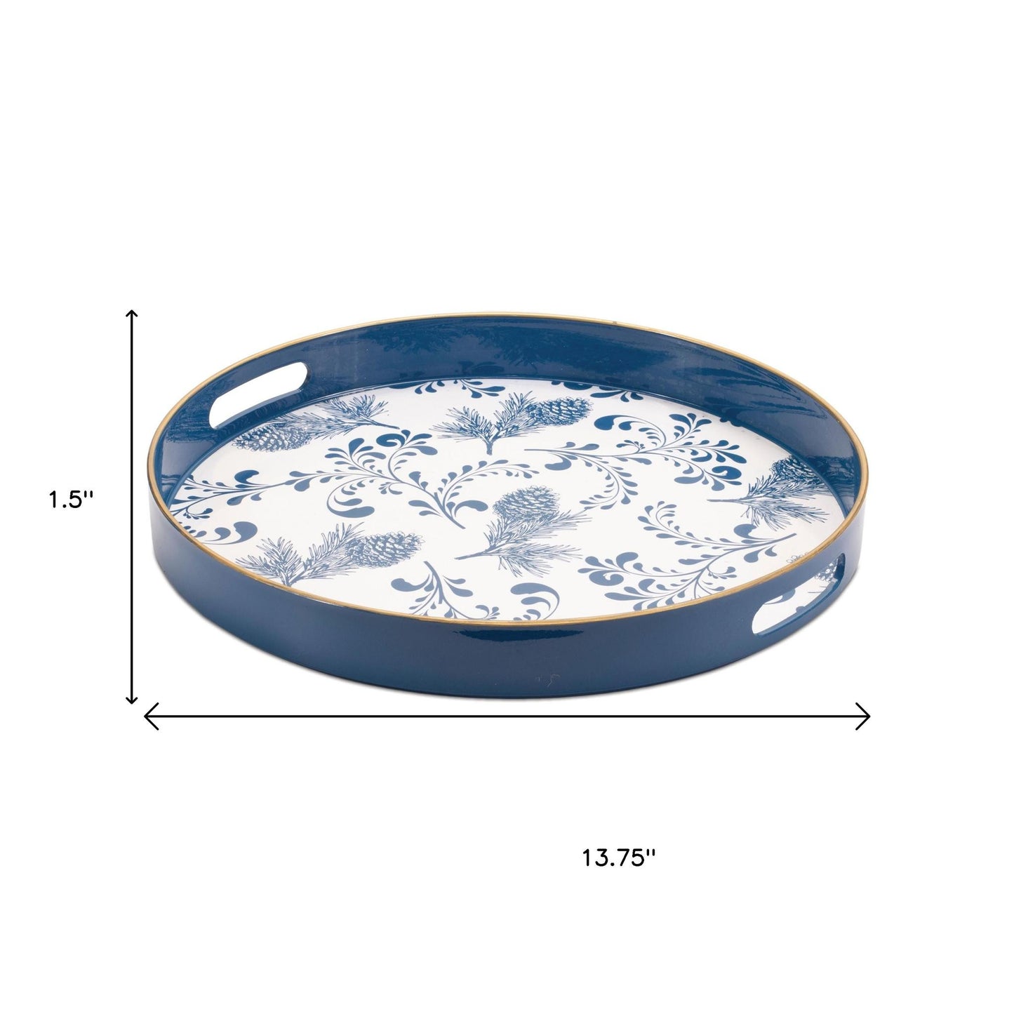 14" Blue White And Gold Pinecone Round Serving Tray - Loft&Timber