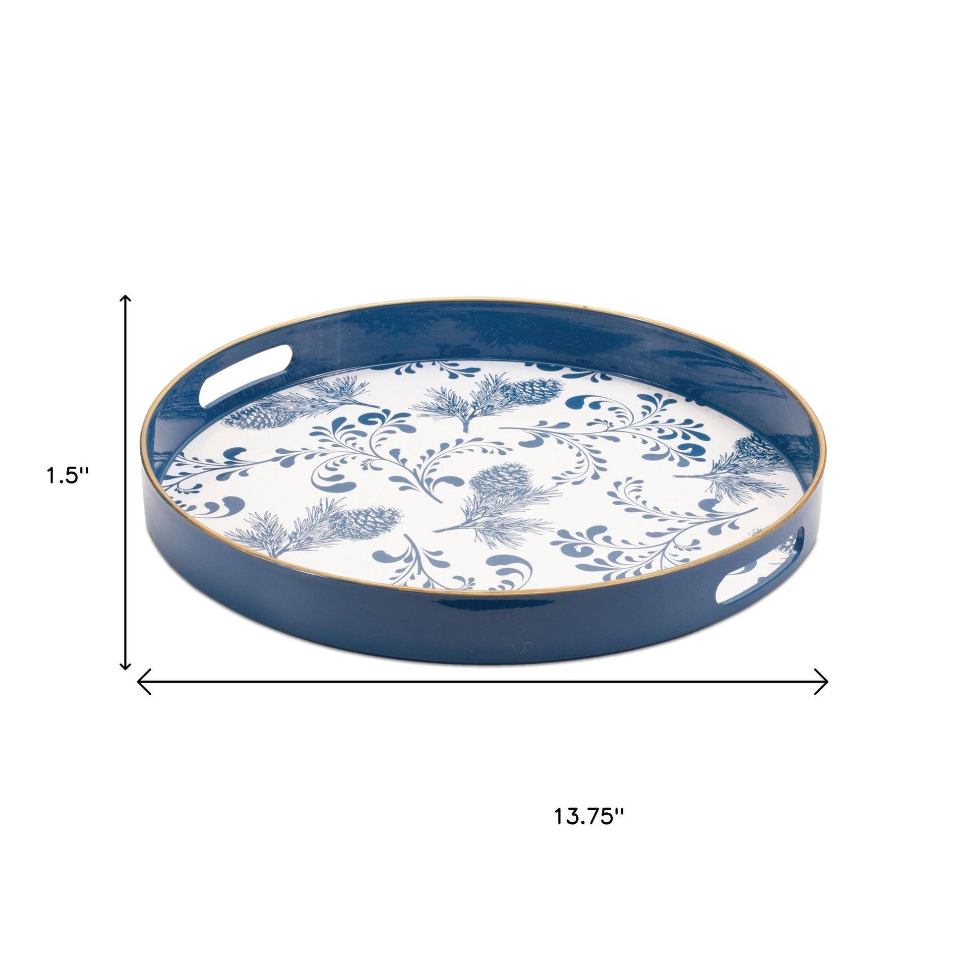14" Blue White And Gold Pinecone Round Serving Tray - Loft&Timber