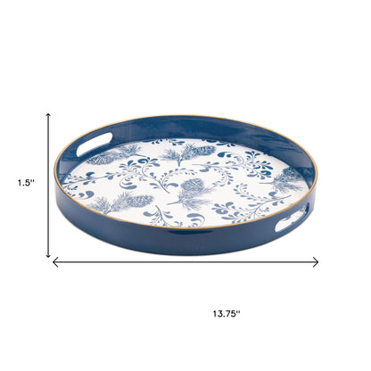 14" Blue White And Gold Pinecone Round Serving Tray - Loft&Timber