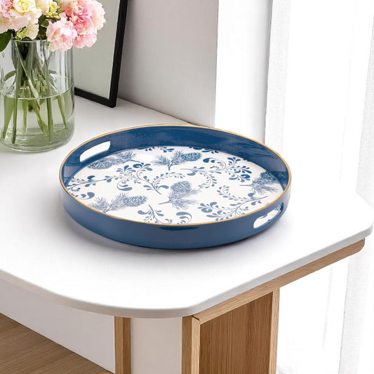 14" Blue White And Gold Pinecone Round Serving Tray - Loft&Timber