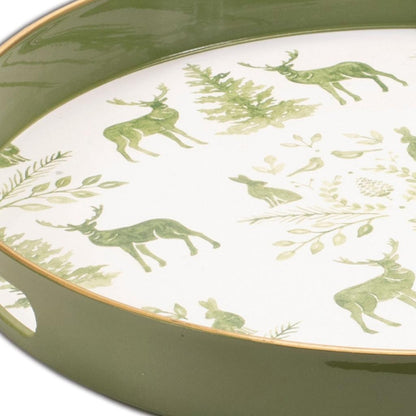 14" Green White And Gold Woodland Scene Round Serving Tray With Handles - Loft&Timber