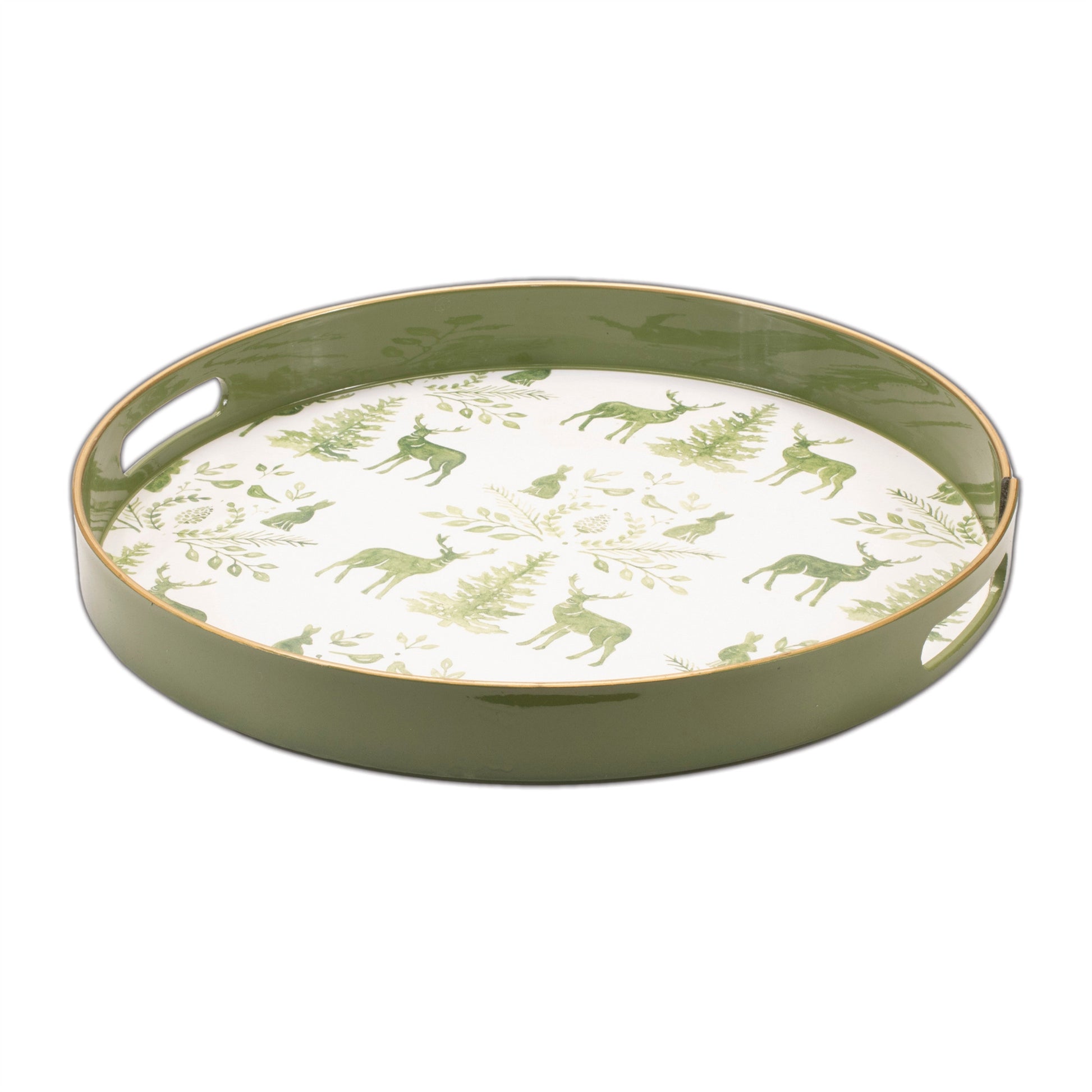 14" Green White And Gold Woodland Scene Round Serving Tray With Handles - Loft&Timber