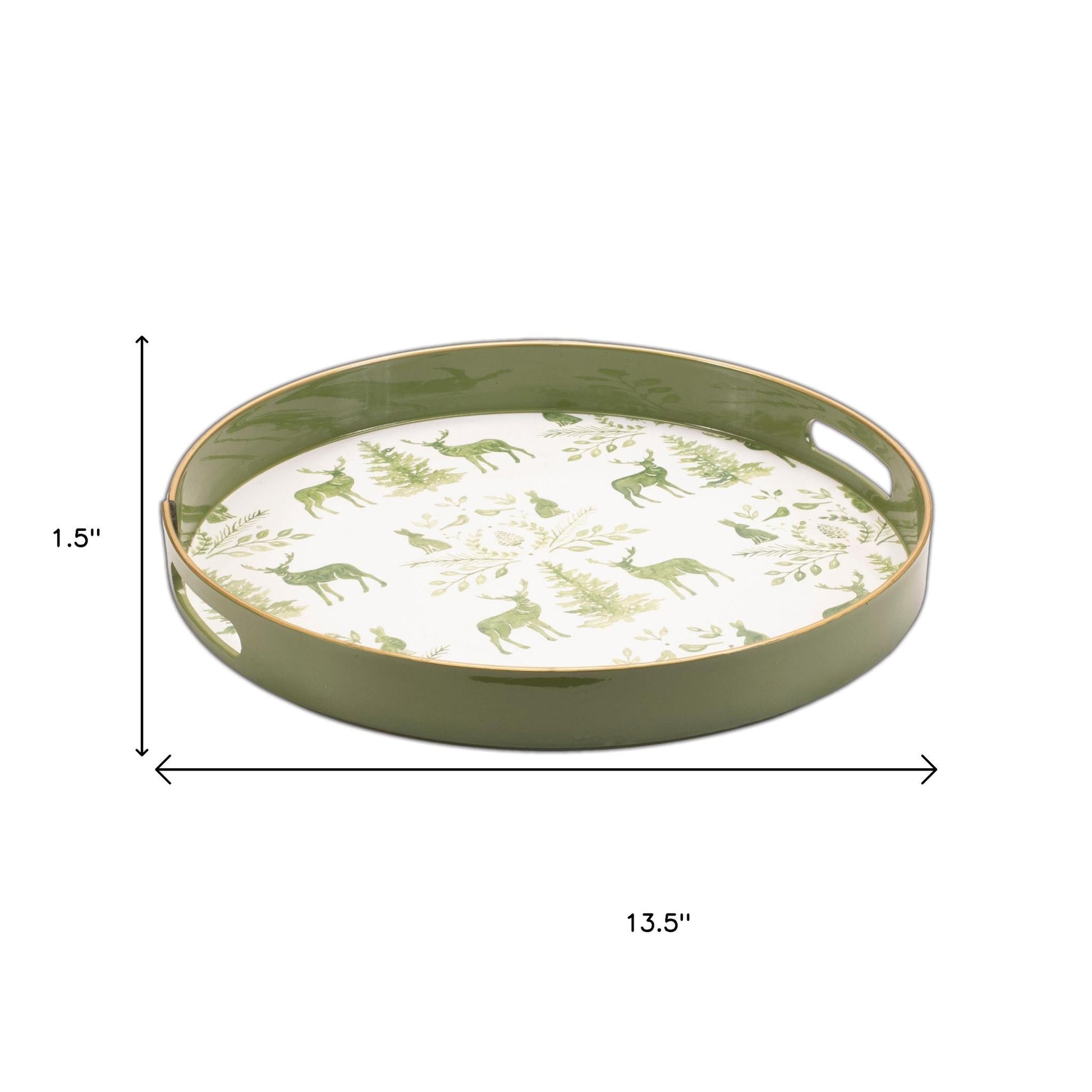 14" Green White And Gold Woodland Scene Round Serving Tray With Handles - Loft&Timber