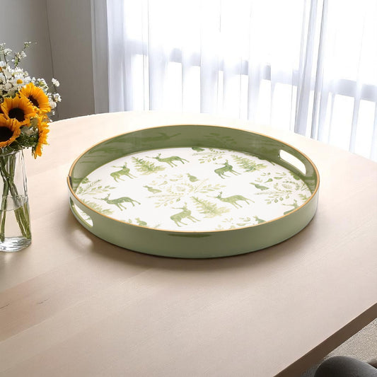 14" Green White And Gold Woodland Scene Round Serving Tray With Handles - Loft&Timber