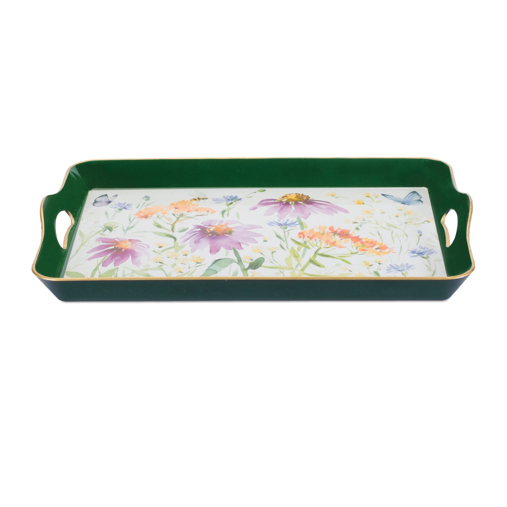 17" Green And White Watercolor Floral Serving Tray With Handles - Loft&Timber