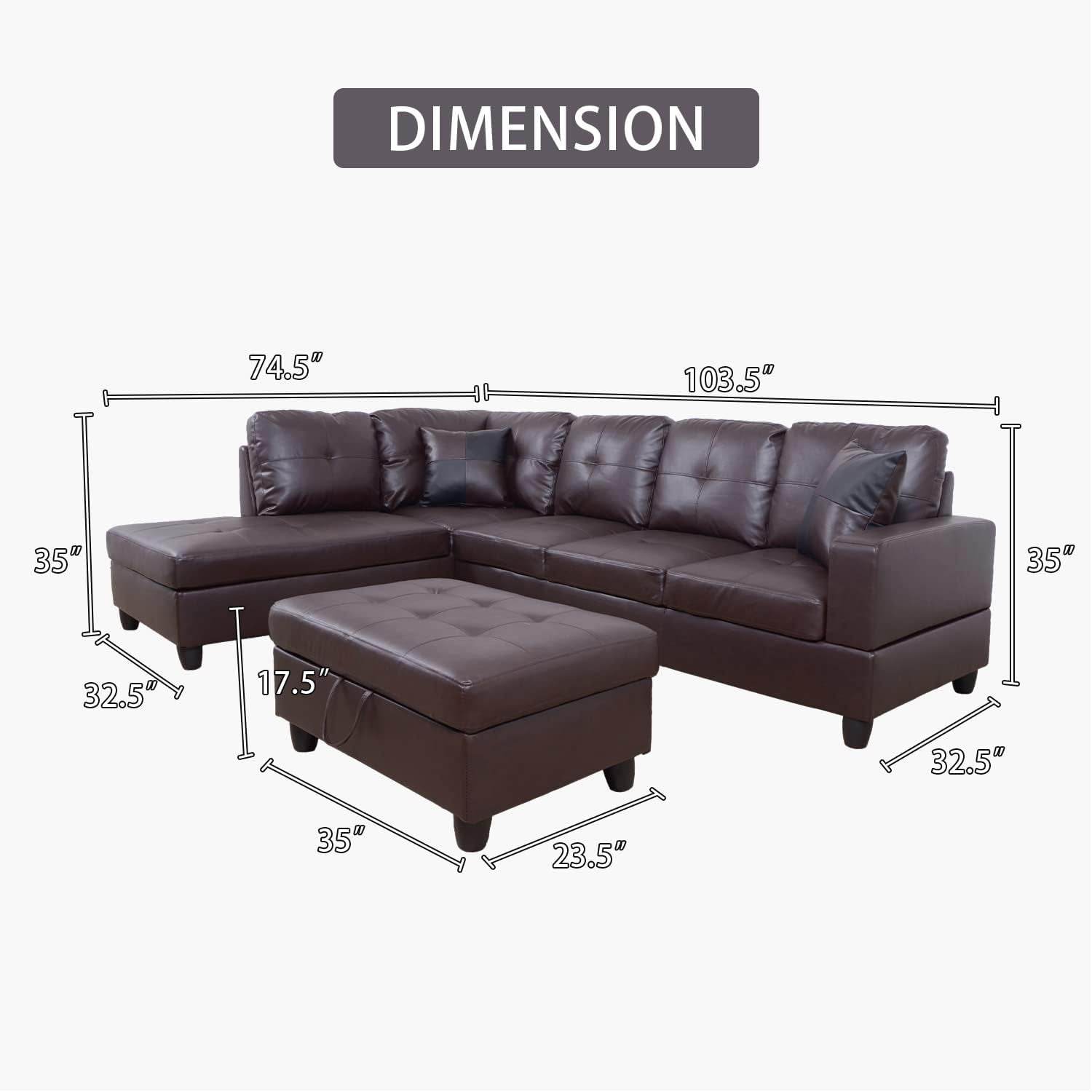 Ponliving Furniture Modern L-Shaped Leather Sectional Sofa Left Hand Facing (Brown) - Loft&Timber