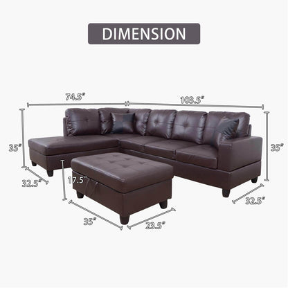 Ponliving Furniture Modern L-Shaped Leather Sectional Sofa Left Hand Facing (Brown) - Loft&Timber