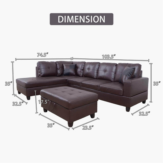 Ponliving Furniture Modern L-Shaped Leather Sectional Sofa Left Hand Facing (Brown) - Loft&Timber