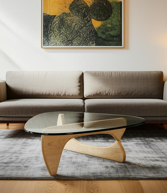 54" Clear and Natural Glass and Wood Triangle Abstract Coffee Table - Loft&Timber