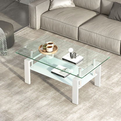 39" Clear and White Glass and Steel Coffee Table With Shelf - Loft&Timber