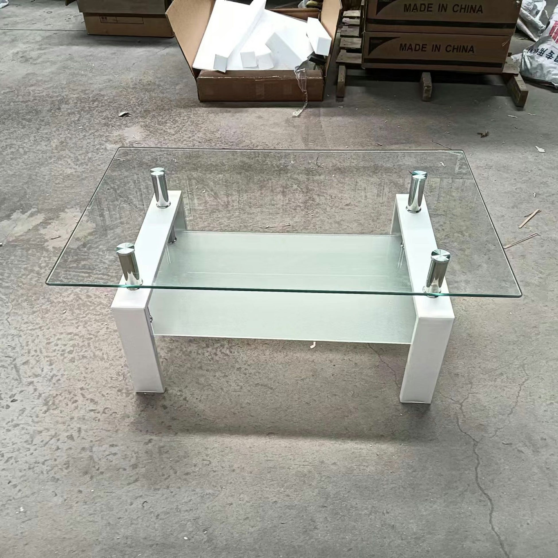 39" Clear and White Glass and Steel Coffee Table With Shelf - Loft&Timber