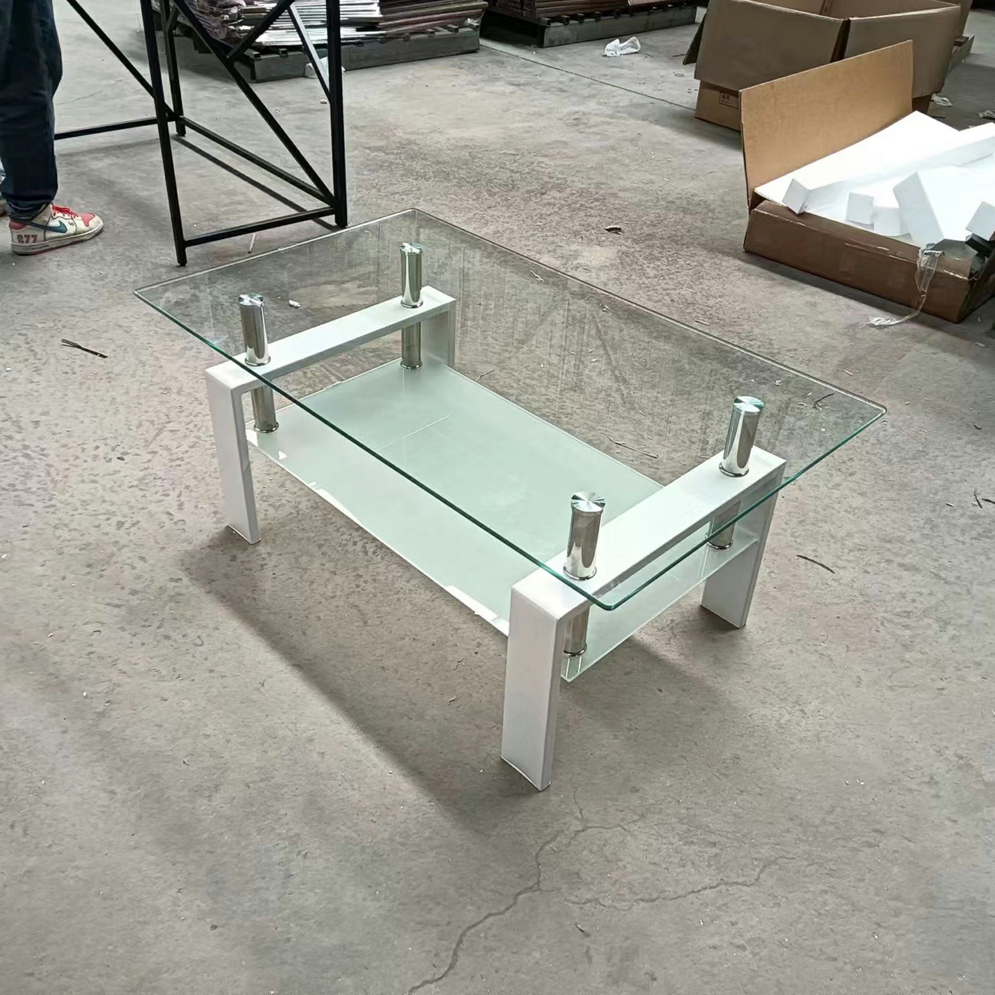 39" Clear and White Glass and Steel Coffee Table With Shelf - Loft&Timber