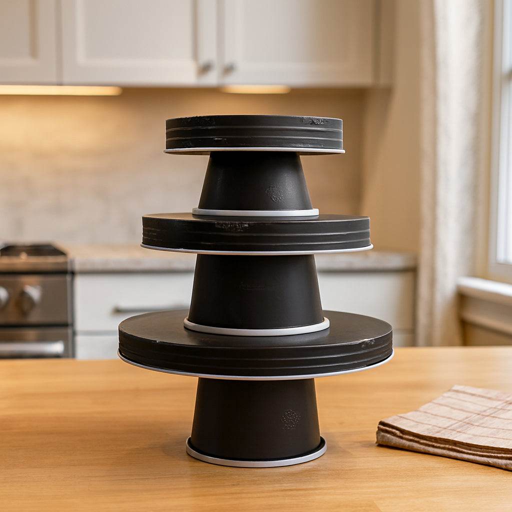 Set of Three Black And White Metal Round Cake Stand Risers - Loft&Timber